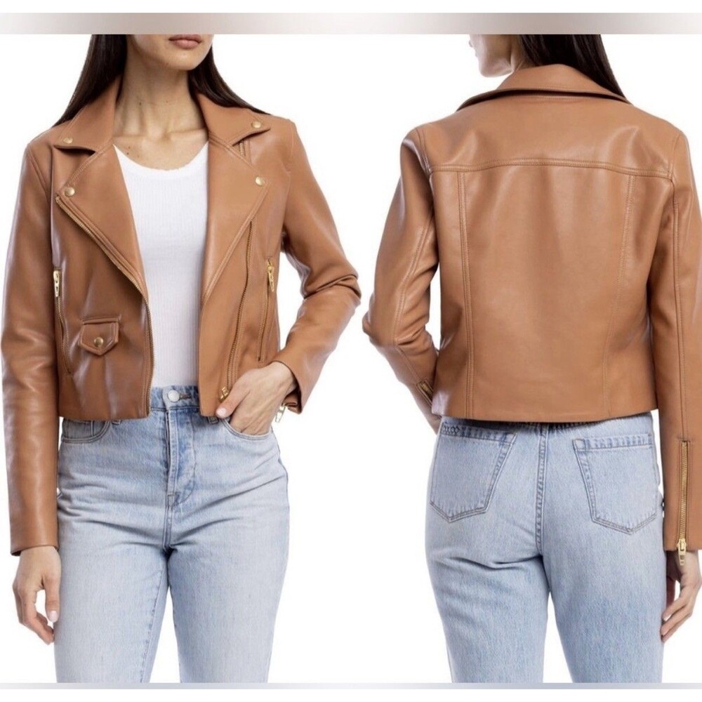BLANKNYC Camel Brown Faux Leather Asymmetrical Moto Jacket XS Pristine